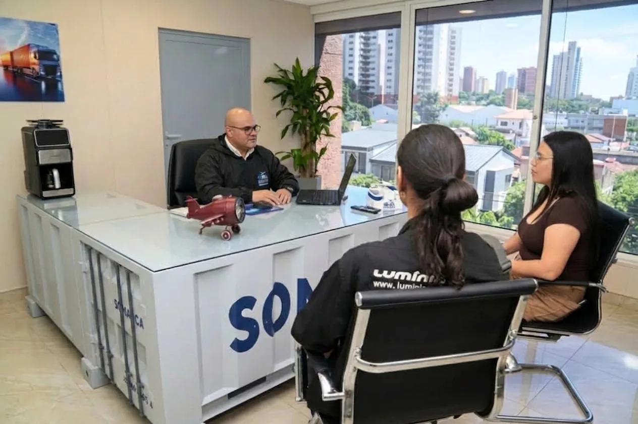 Asesor de Somarca atendiendo a dos clientes en la oficina