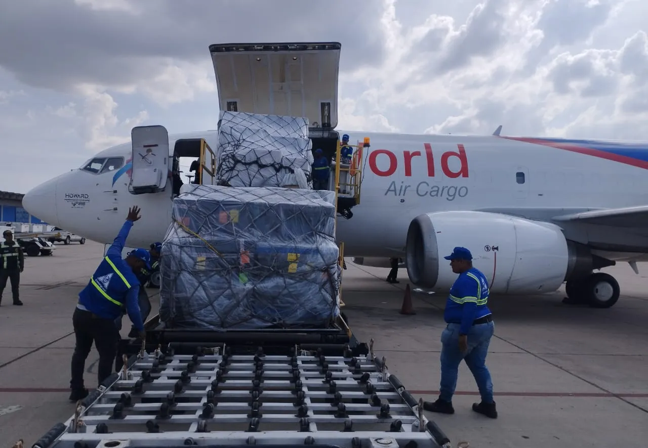 Operarios de tierra estibando pallets en la bodega de un avión carguero
